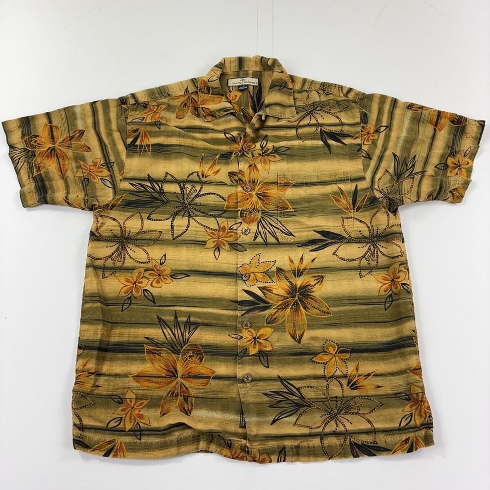 Tommy Bahama Shirt Mens Small Gold Silk Short Sleeve Button Up Tiger Stripes